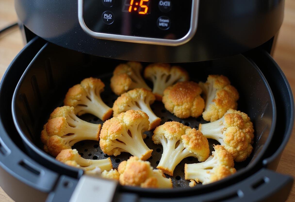 Air fryer in action, cooking roasted cauliflower to crispy perfection for a healthy side dish.