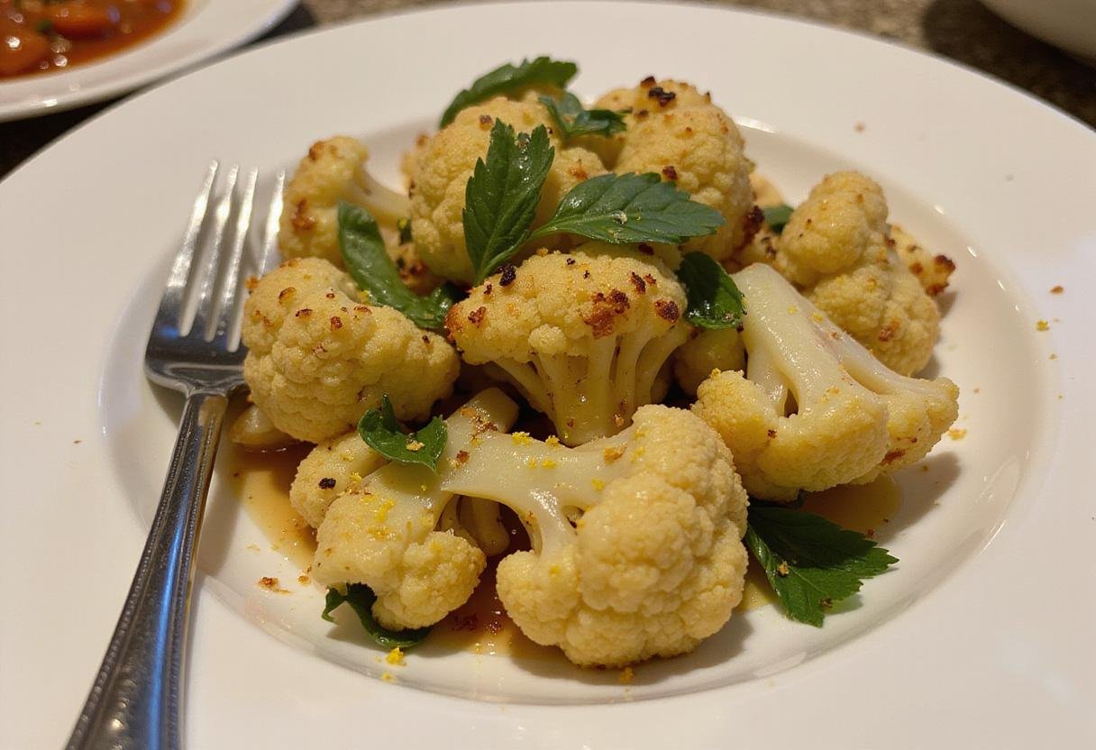 Plating delicious roasted cauliflower from the air fryer, garnished for a tasty and healthy treat.