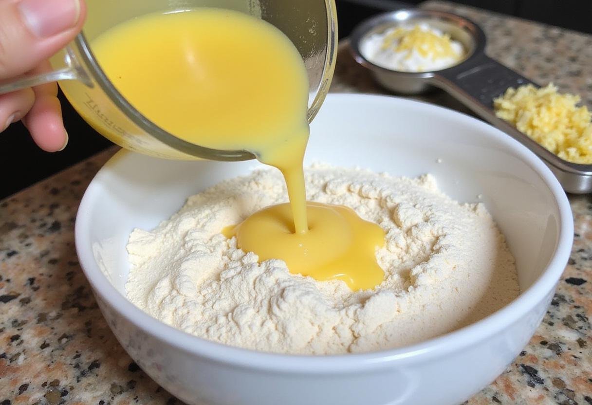 Mixing ingredients for a vegan sugar cookie recipe including lemon zest and lemon juice for flavor.