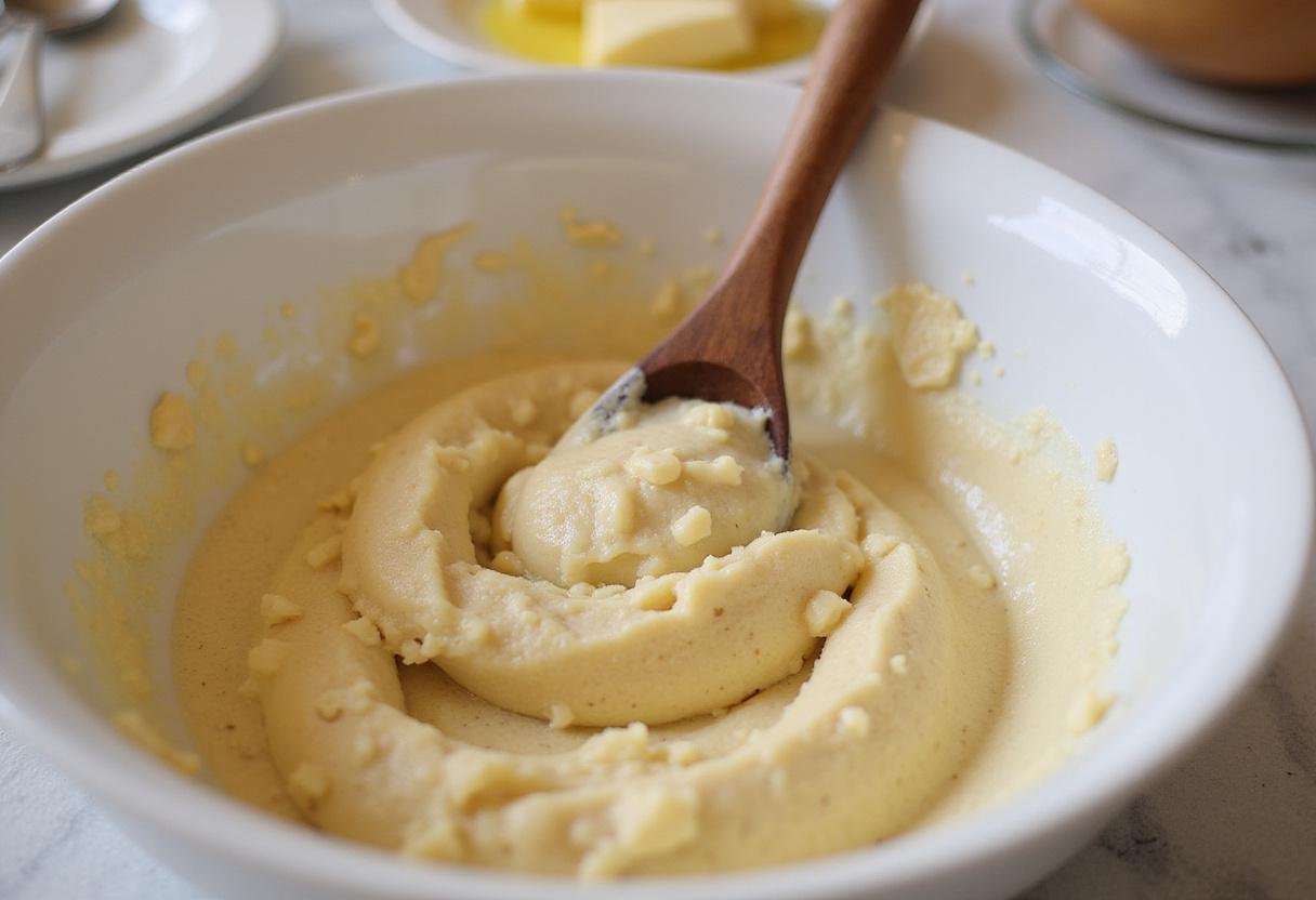 Blending vegan butter with flour and sugar to create a smooth dough for an eggless sugar cookie recipe.