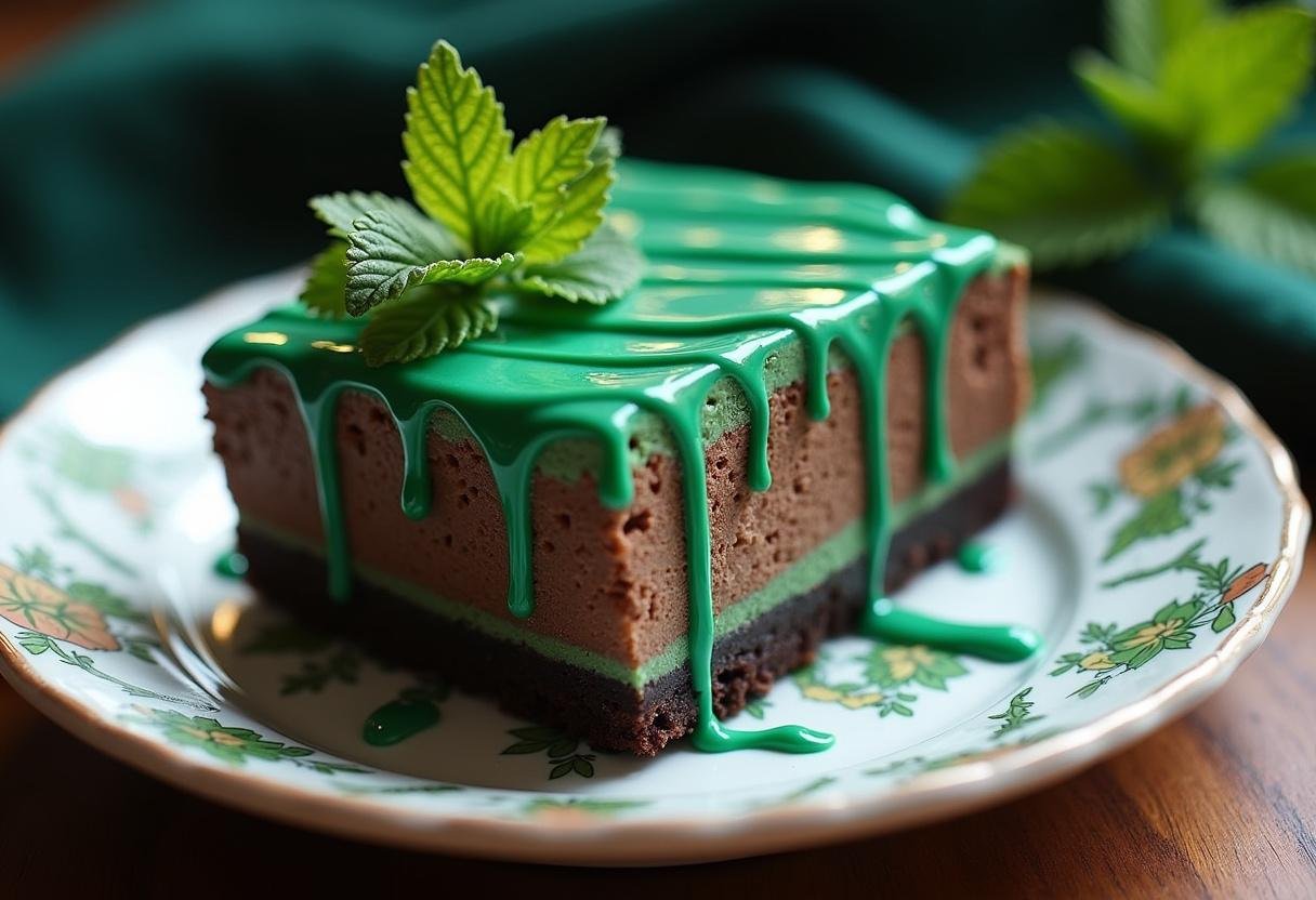 Delicious Slytherin Dark Chocolate Mint Cheesecake Bars with emerald drizzle served elegantly on a plate.