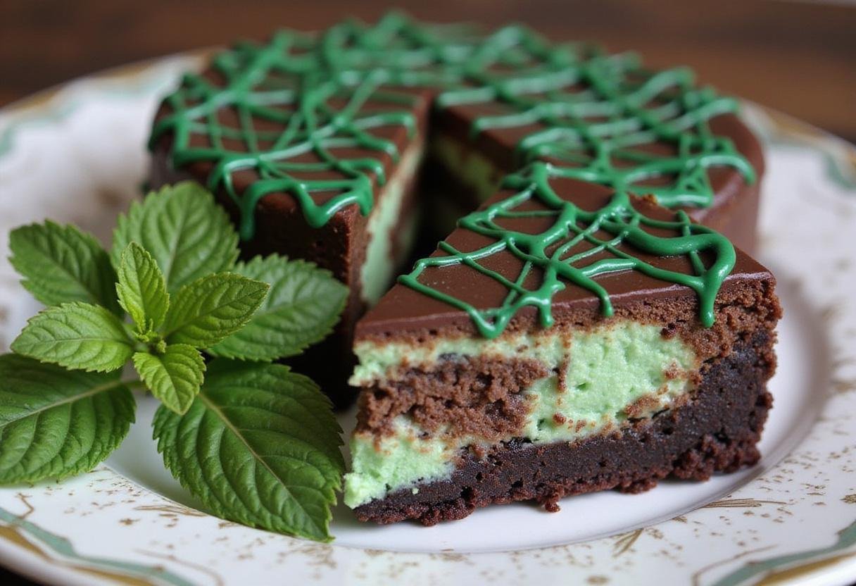 Delicious Slytherin Dark Chocolate Mint Cheesecake Bars with emerald drizzle served elegantly on a plate.