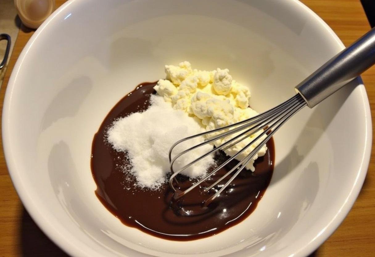 Creamy chocolate filling preparation for Slytherin Dark Chocolate Mint Cheesecake Bars with cream cheese, sugar, and dark chocolate.