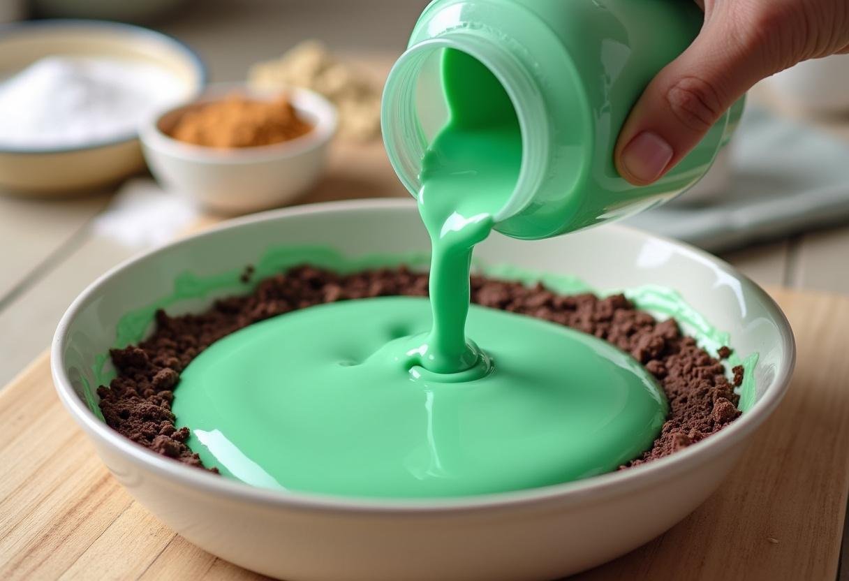 Adding mint green food coloring to the chocolate cheesecake filling for Slytherin Dark Chocolate Mint Cheesecake Bars.