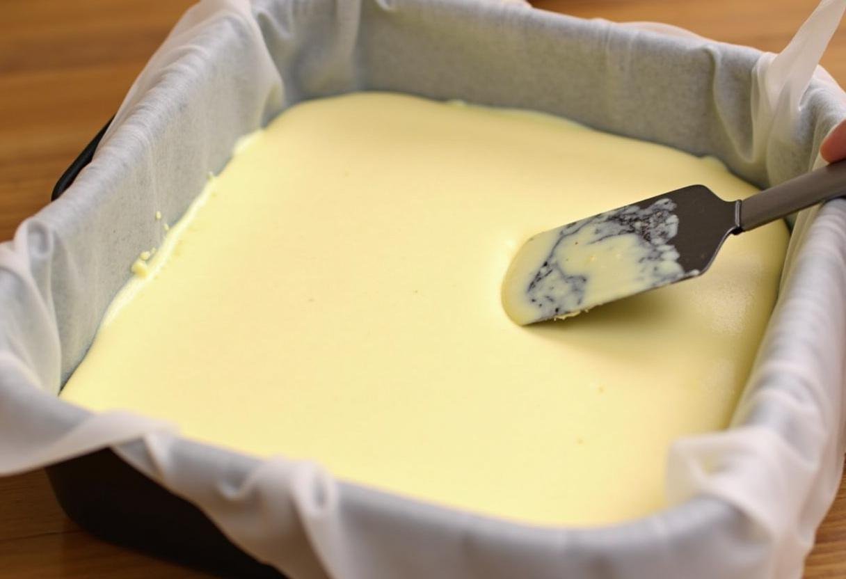 Pouring dark chocolate mint cheesecake mixture into a baking dish for Slytherin Dark Chocolate Mint Cheesecake Bars.