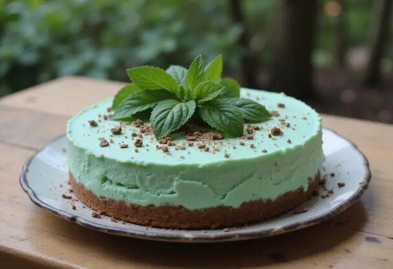 Finished Slytherin Mint Cheesecake with a rich chocolate cookie crust, decorated and ready to serve.