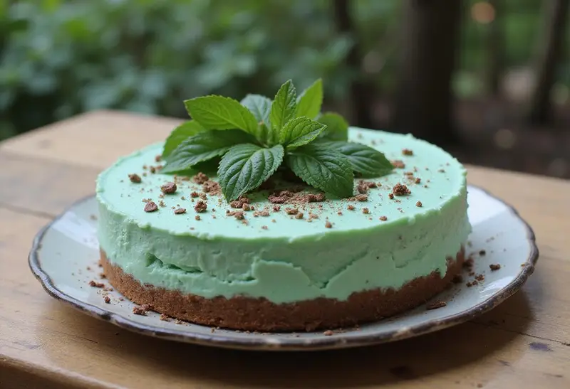 Finished Slytherin Mint Cheesecake with a rich chocolate cookie crust, decorated and ready to serve.