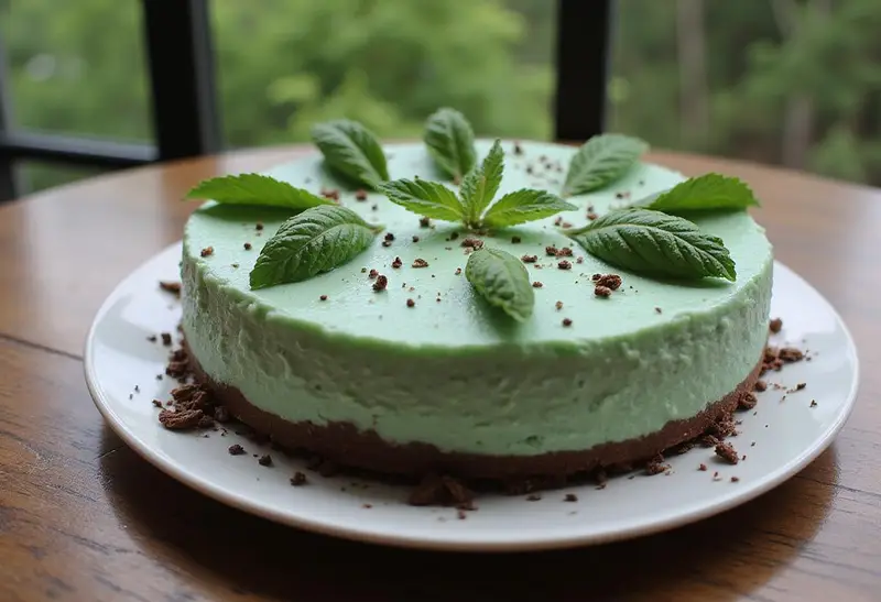Finished Slytherin Mint Cheesecake with a rich chocolate cookie crust, decorated and ready to serve.