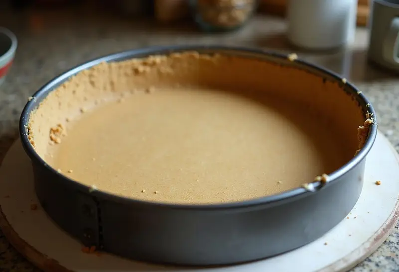Chocolate cookie crust being shaped in a pan for Slytherin Mint Cheesecake recipe.