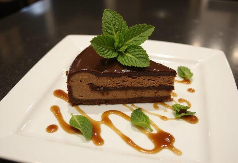 Final display of the Slytherin Serpent Mint Chocolate Cheesecake with Caramel Glaze served on a plate with mint decoration.