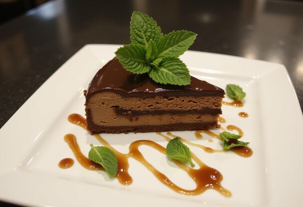 Final display of the Slytherin Serpent Mint Chocolate Cheesecake with Caramel Glaze served on a plate with mint decoration.