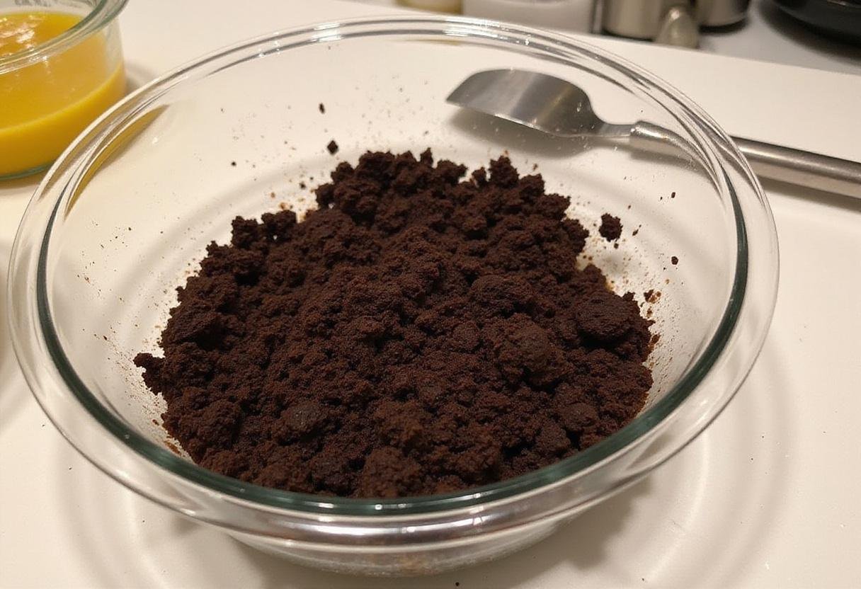 Slytherin Serpent Mint Chocolate Cheesecake crust preparation with chocolate cookie crumbs and melted butter.