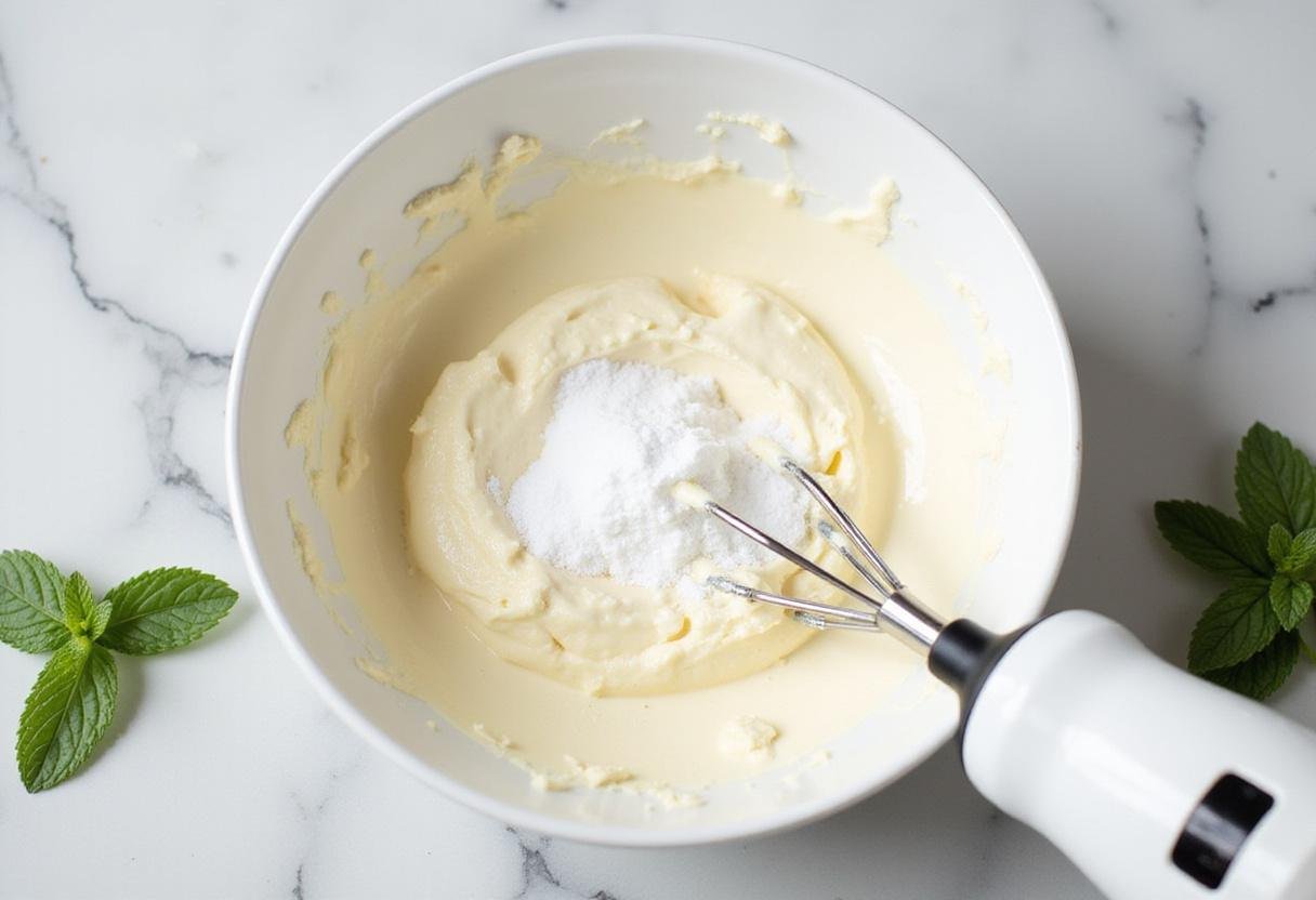 Mixing cream cheese and sugar for Slytherin Serpent Mint Chocolate Cheesecake enhanced with fresh mint.