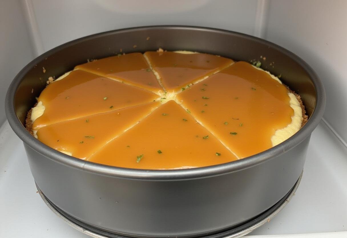 Setting Slytherin Serpent Mint Chocolate Cheesecake in the fridge with a beautiful caramel glaze.
