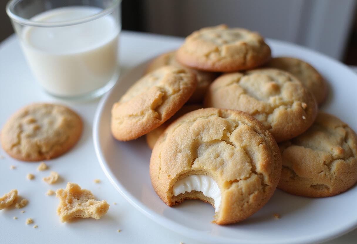 Deliciously baked sour cream and biscoff cookies on a plate, ideal for enjoying with milk in a cozy dessert moment.