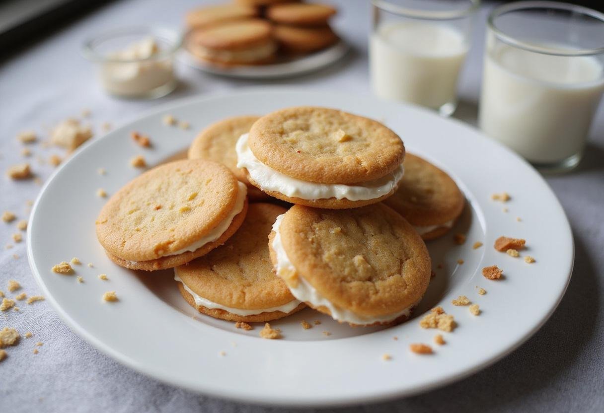 Deliciously baked sour cream and biscoff cookies on a plate, ideal for enjoying with milk in a cozy dessert moment.