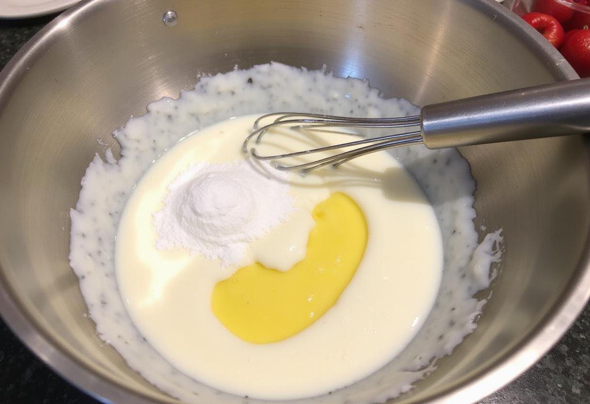 Mixing sour cream and sugar for a biscoff cookie butter recipe, creating a creamy base for delicious cookies.