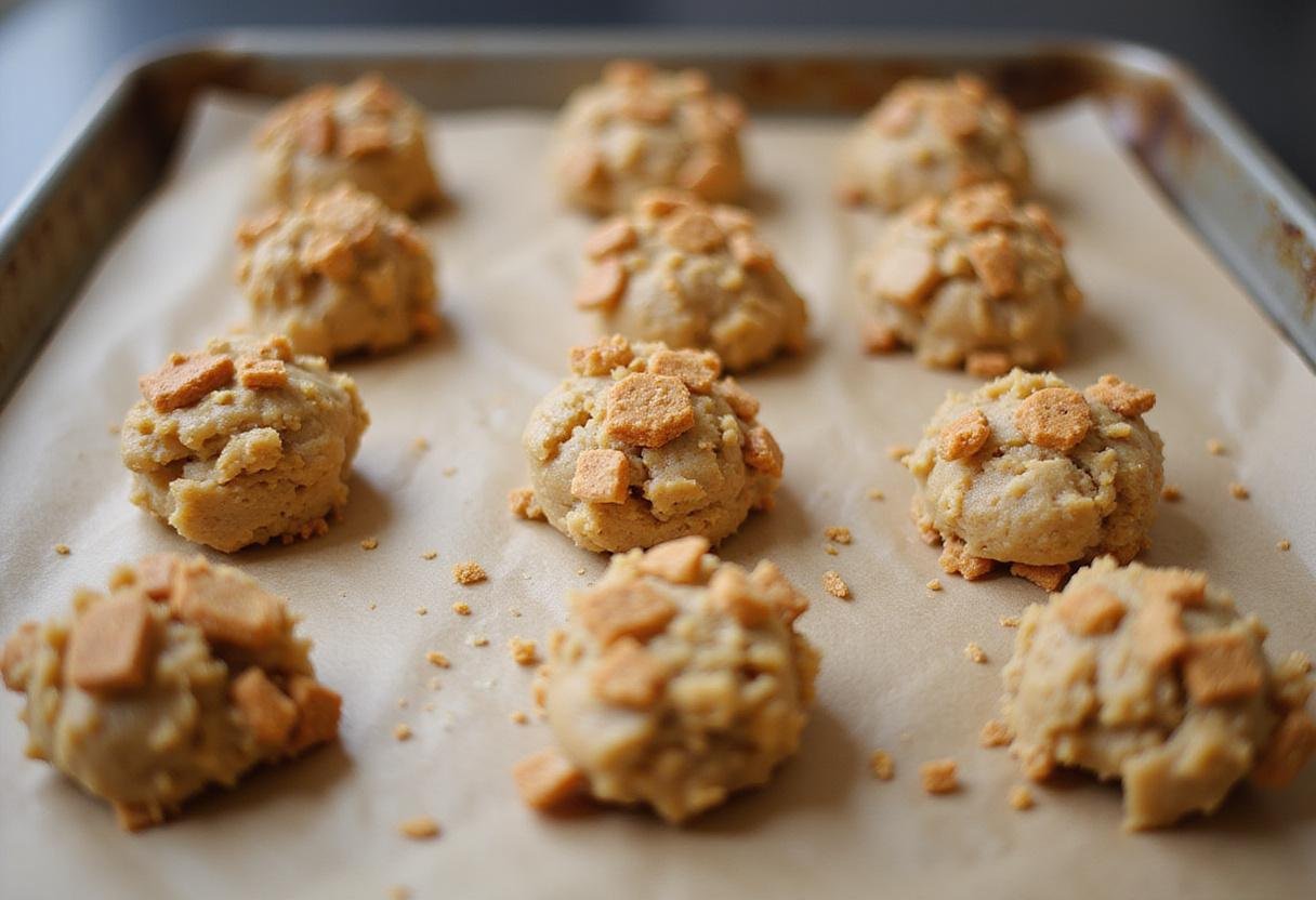 Lining up cookie dough balls for baking, preparing to create scrumptious sour cream and biscoff cookies with a delightful crunch.