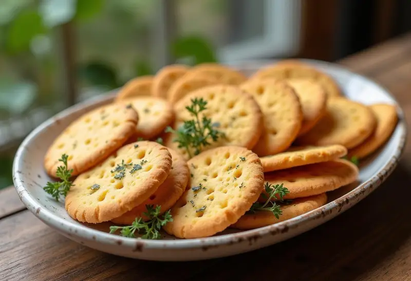 A captivating display of sourdough discard crackers on a rustic wooden table, showcasing sourdough cheese crackers and graham crackers.