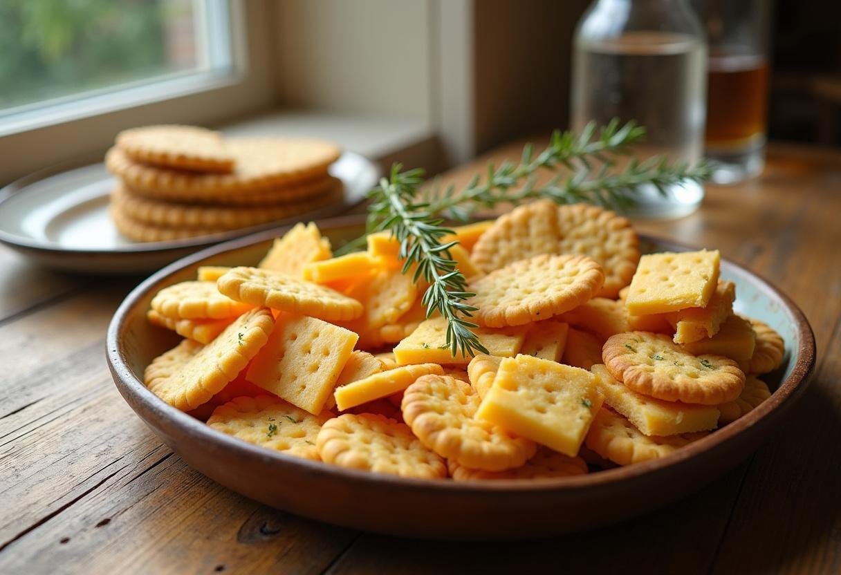 A captivating display of sourdough discard crackers on a rustic wooden table, showcasing sourdough cheese crackers and graham crackers.