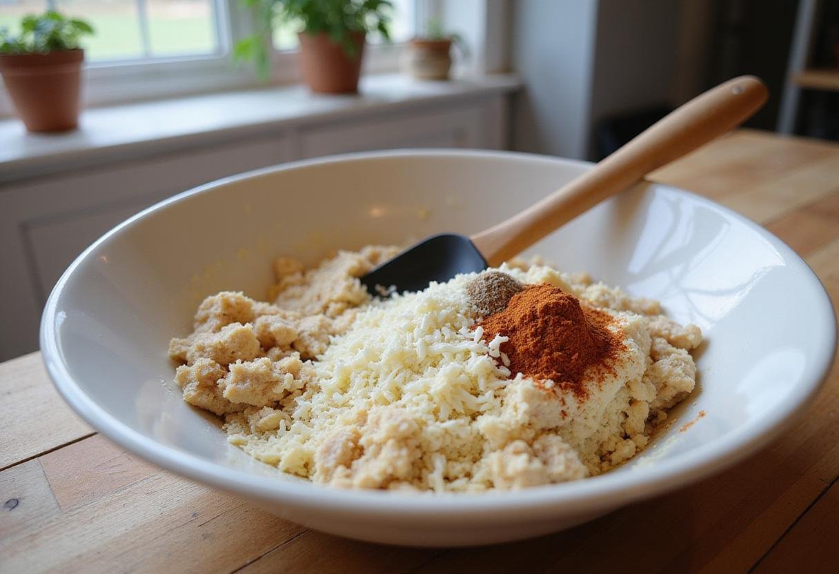 Mixing sourdough discard with cheese and spices for sourdough discard crackers on a sunny kitchen countertop.