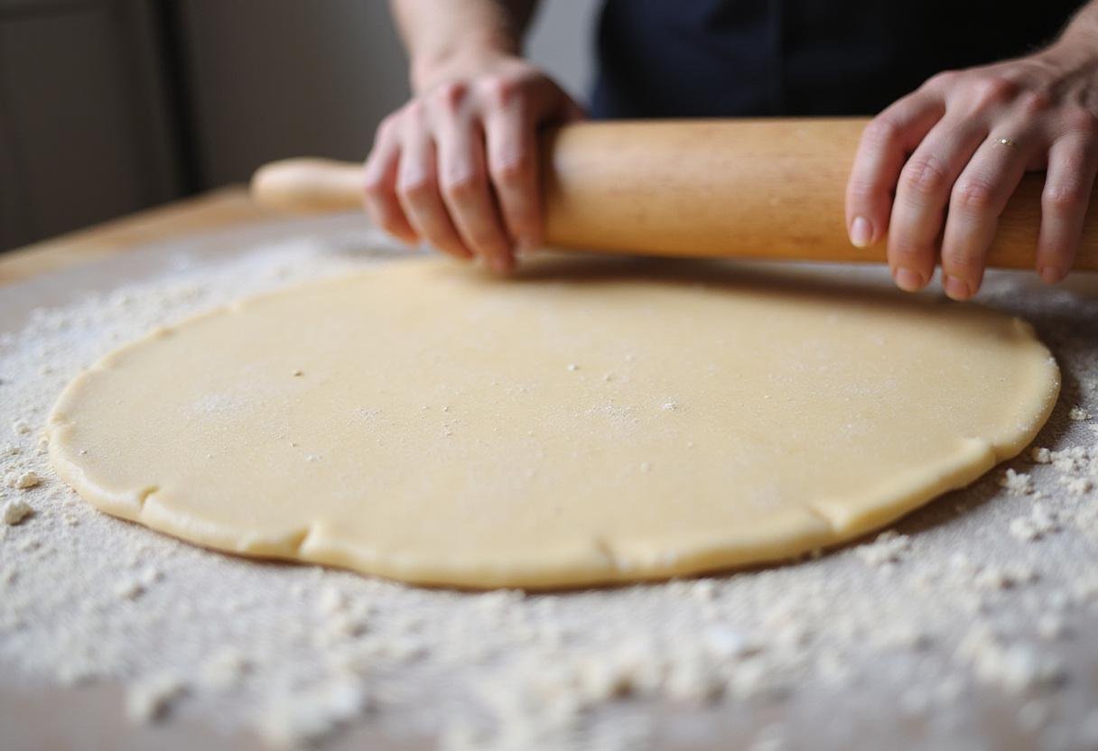 Rolling out sourdough cracker dough on a floured surface, preparing to make sourdough cheese crackers.
