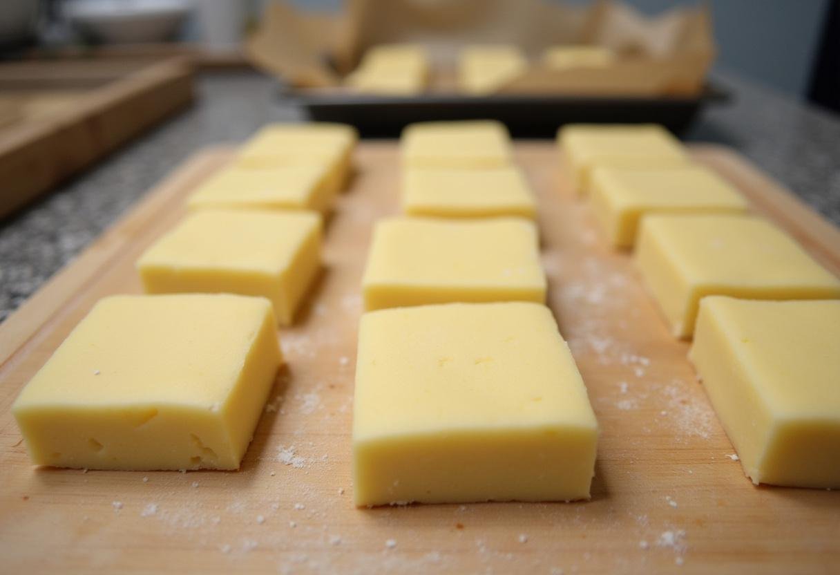 Cutting sourdough dough into squares for baking sourdough discard cheese crackers on a cutting board.