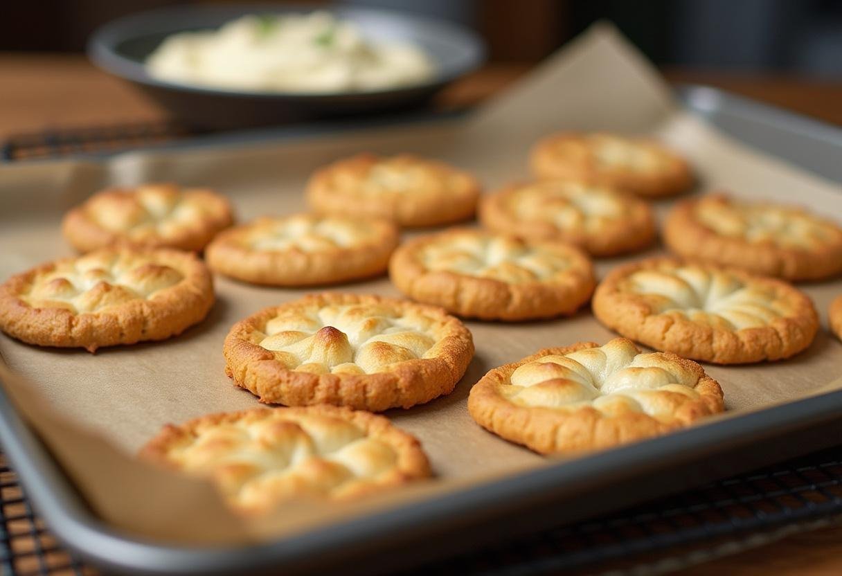 Freshly baked sourdough discard cheese crackers cooling on a rack, perfect for serving with a delicious dip.