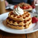 Delicious sourdough discard waffles displayed on a dining table, perfect for brunch or dessert.