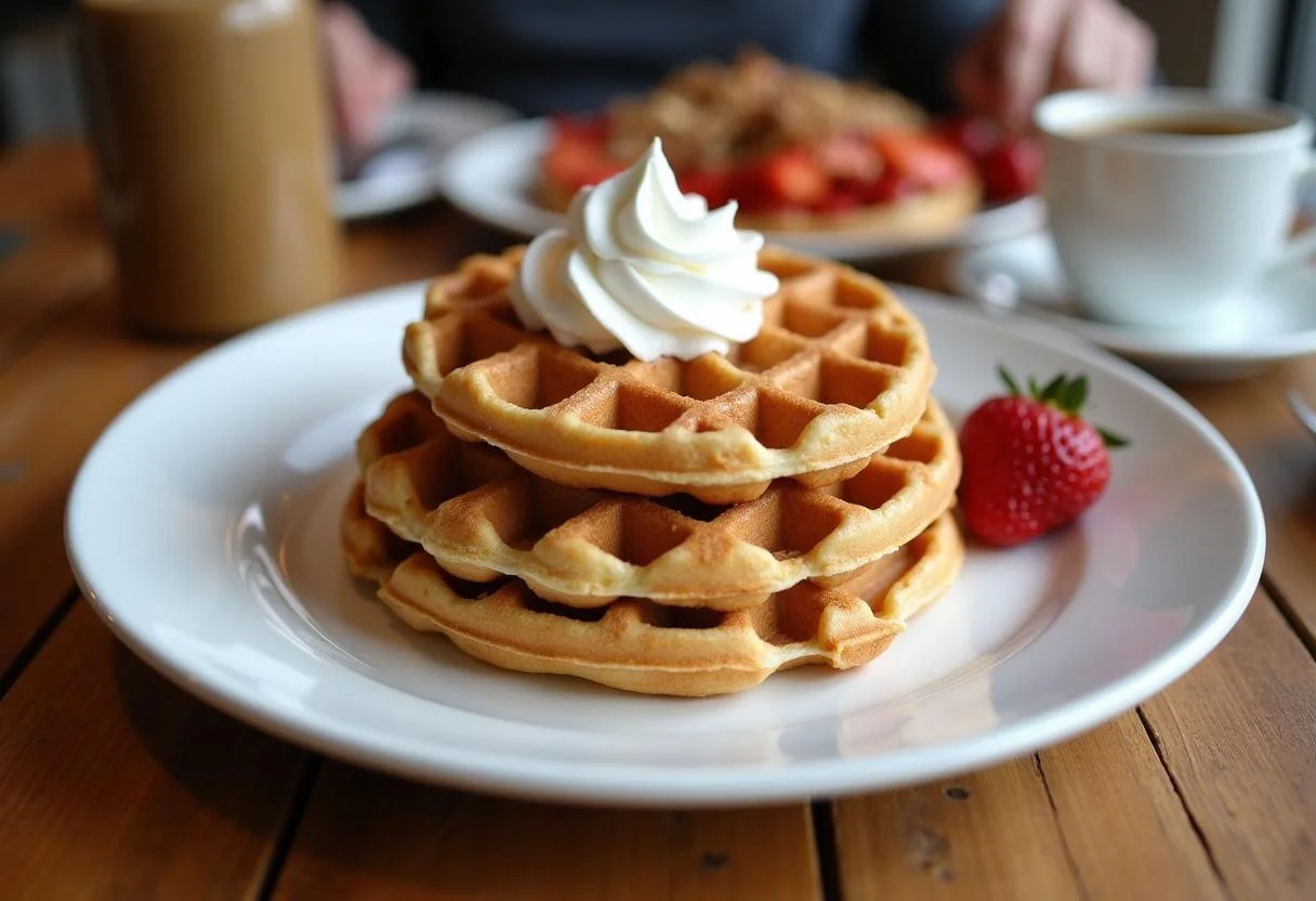 Delicious sourdough discard waffles displayed on a dining table, perfect for brunch or dessert.