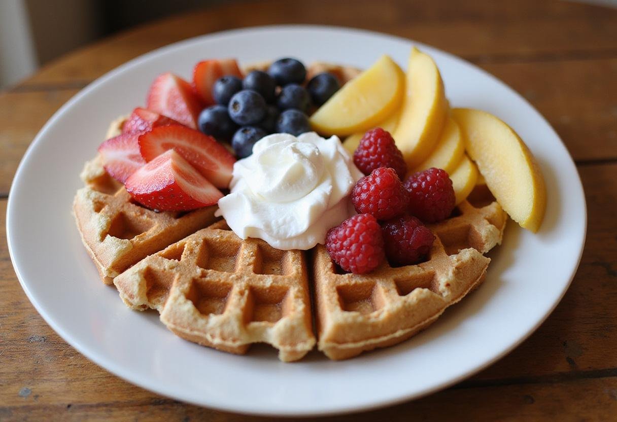 Delicious sourdough discard waffles displayed on a dining table, perfect for brunch or dessert.