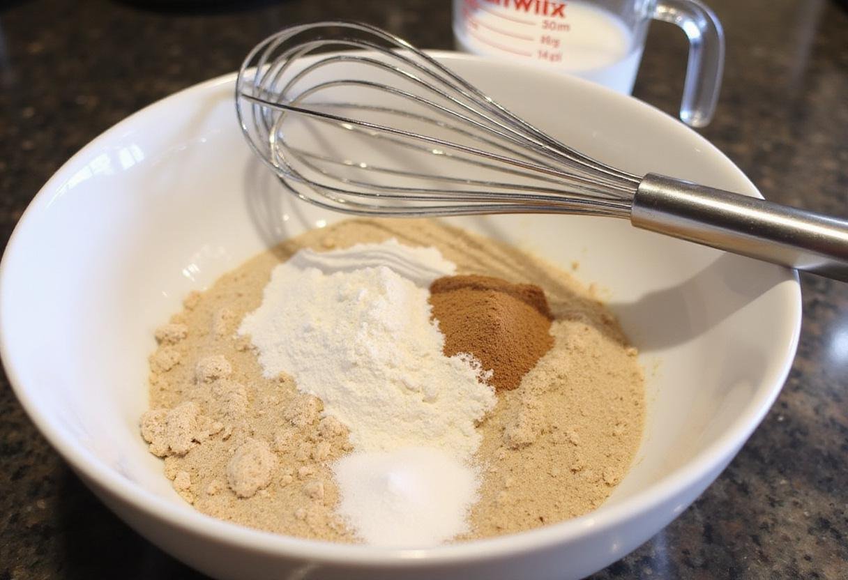 Mixing sourdough discard with flour and ingredients for sourdough discard waffles on a kitchen counter.
