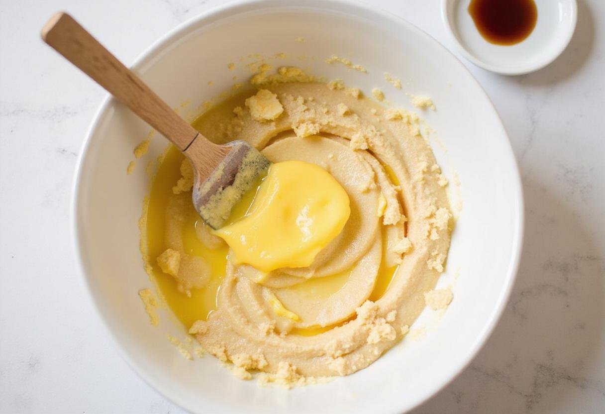 Combining melted butter and eggs with sourdough discard mixture for delicious sourdough discard waffles.