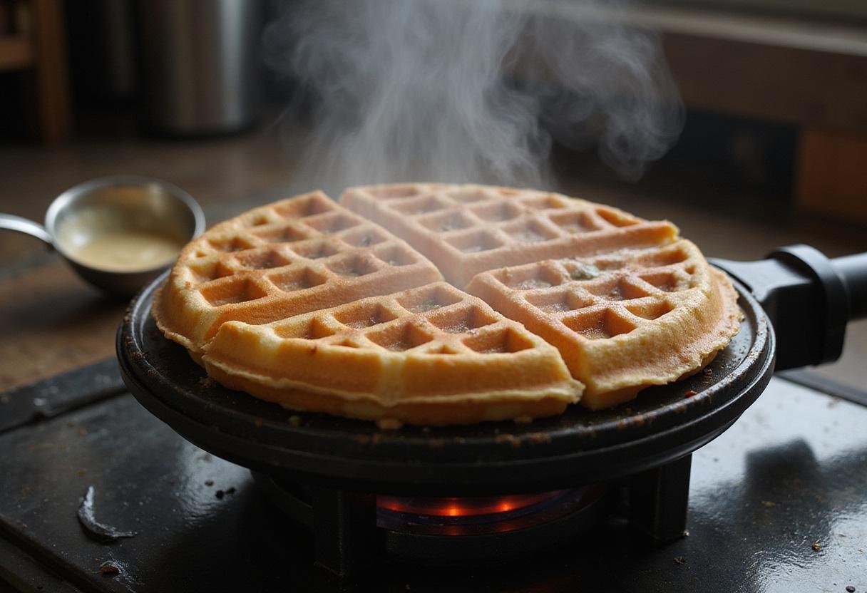 Preheating waffle iron to make crispy sourdough discard waffles with steam rising.