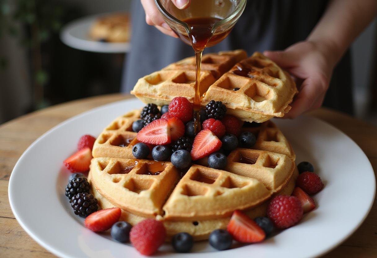 Serving freshly made sourdough discard waffles, topped with berries and maple syrup, ready to enjoy.