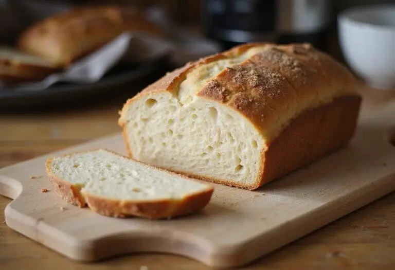 Final presentation of sourdough quick bread recipes, showcasing a freshly baked loaf on a cutting board, sliced and ready to serve.