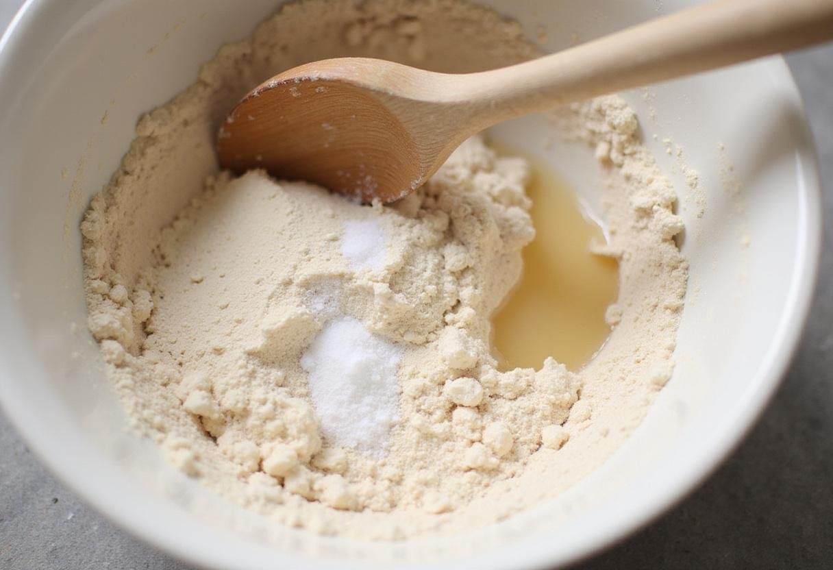 Mixing ingredients for sourdough quick bread recipes, highlighting the combination of flour and sourdough starter.