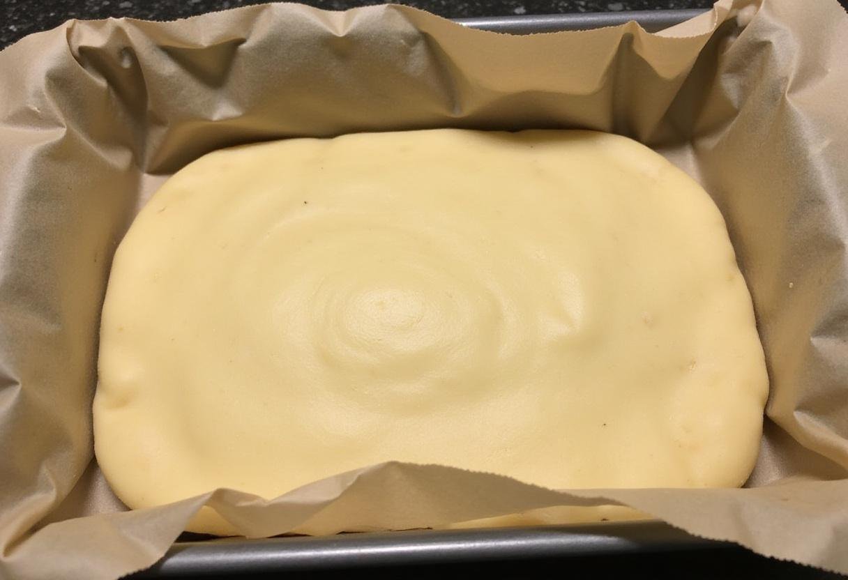 Preparing the dough for sourdough quick bread recipes in a baking dish, lined with parchment paper and ready for baking.