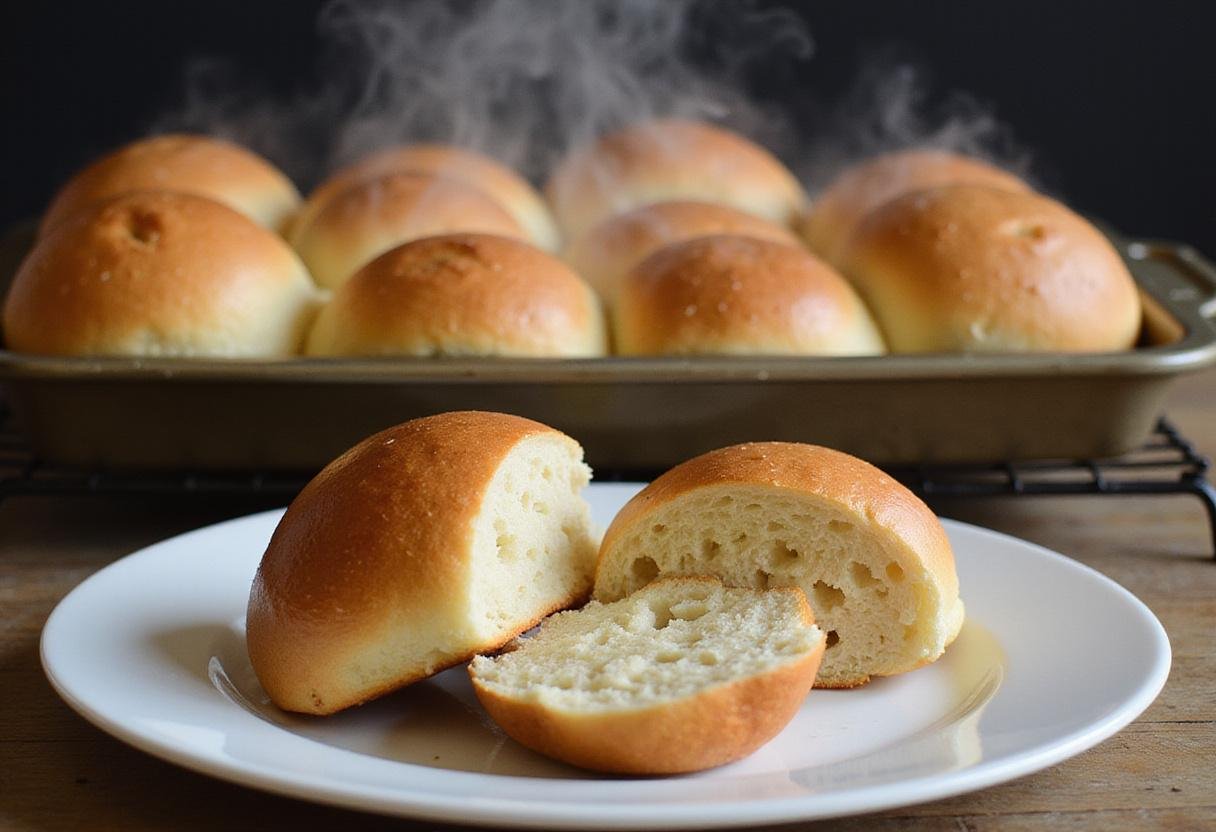 Freshly baked sourdough rolls including dinner, Hawaiian, and hot dog types, showcasing their golden color and delicious texture on a cooling rack.