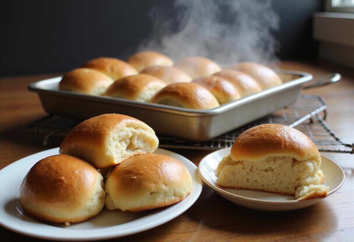 Freshly baked sourdough rolls including dinner, Hawaiian, and hot dog types, showcasing their golden color and delicious texture on a cooling rack.