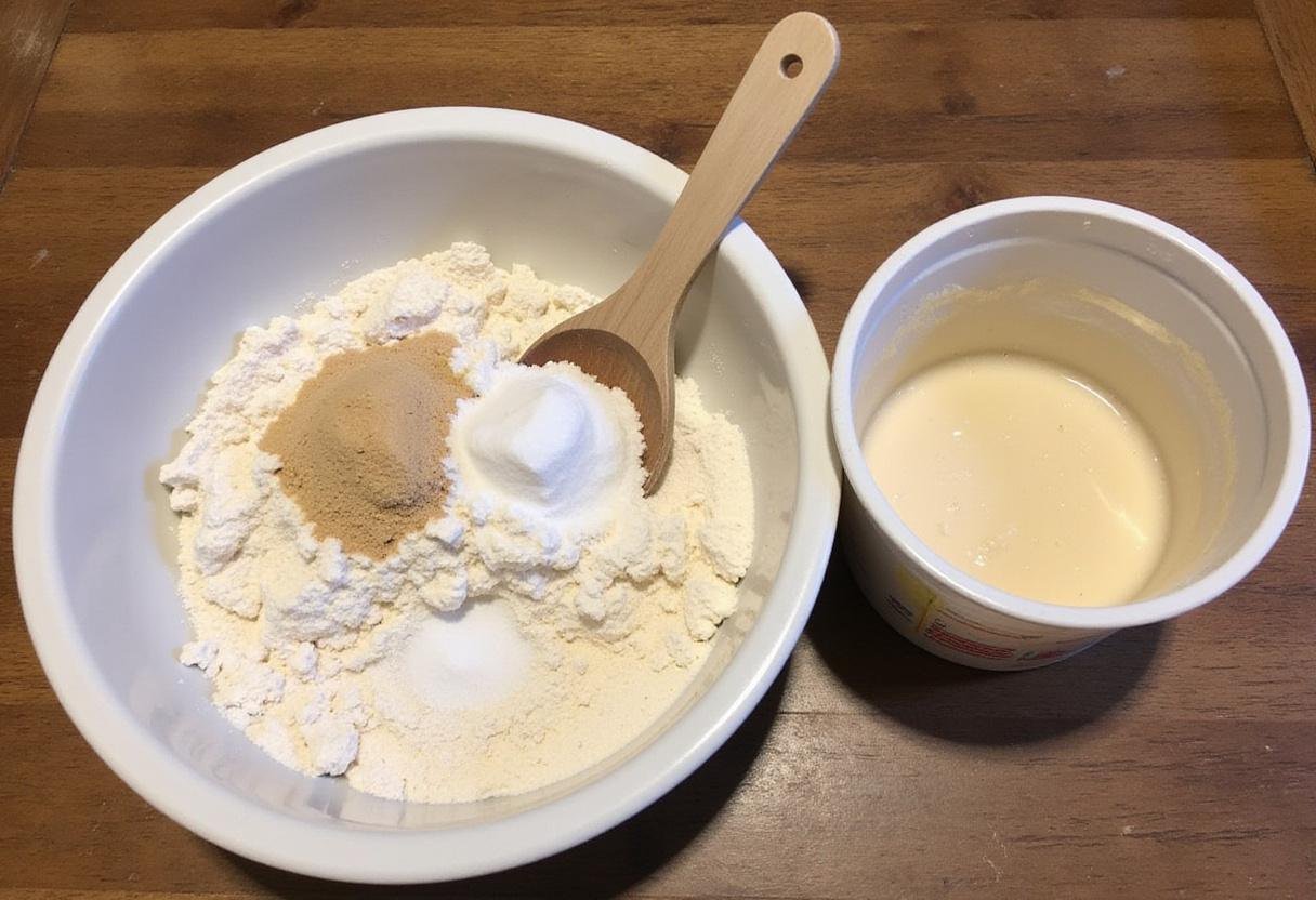 Sourdough discard rolls ingredients being mixed for dinner rolls, including flour, sugar, and salt, highlighting sourdough potential.