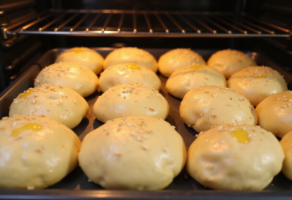 Sourdough hot dog rolls placed on a baking tray with butter and sesame seeds, highlighting the final preparation before baking.