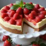 Finished strawberry cheesecake cake with layers and fresh strawberries, perfect for showcasing strawberry shortcake cheesecake variations and delicious cupcakes.