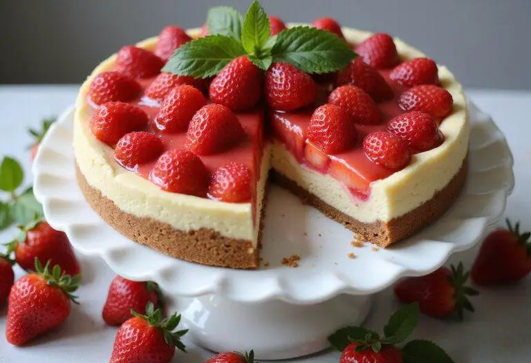 Finished strawberry cheesecake cake with layers and fresh strawberries, perfect for showcasing strawberry shortcake cheesecake variations and delicious cupcakes.