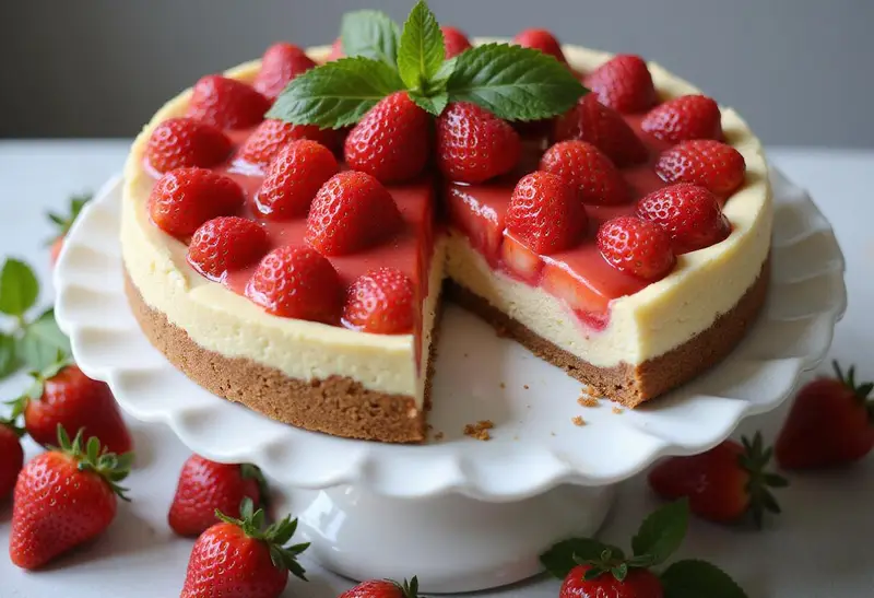 Finished strawberry cheesecake cake with layers and fresh strawberries, perfect for showcasing strawberry shortcake cheesecake variations and delicious cupcakes.