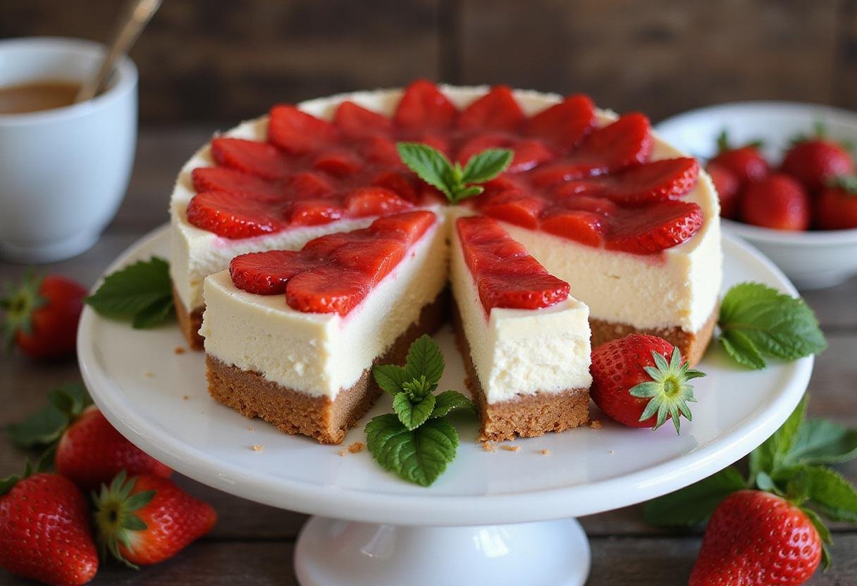 Finished strawberry cheesecake cake with layers and fresh strawberries, perfect for showcasing strawberry shortcake cheesecake variations and delicious cupcakes.