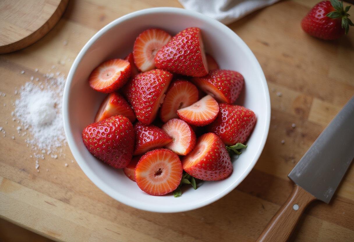 Fresh strawberries sliced for strawberry shortcake with cheesecake, a key ingredient for strawberry cheesecake cupcakes and strawberry shortcake cheesecake cake.