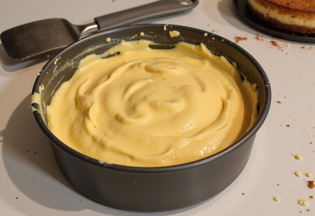 Layering a strawberry shortcake cheesecake cake in preparation for baking, highlighting the process for creating variations like blueberry cheesecake cake.