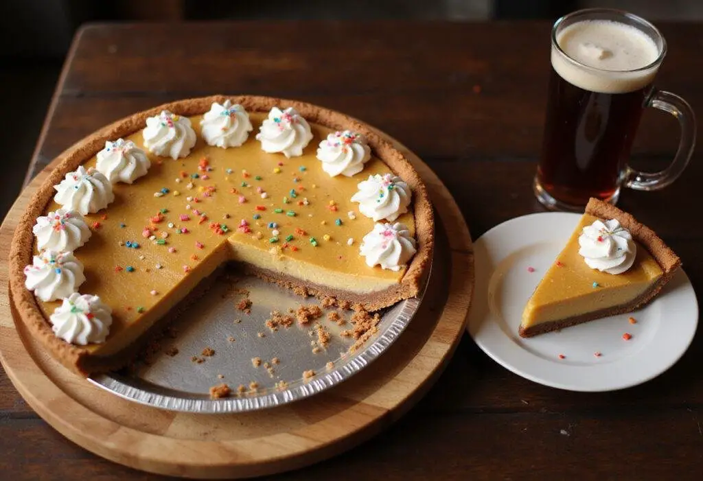 Serving the delicious Three Broomsticks Sweet Root Beer Pie, showcasing its creamy texture and delightful toppings.