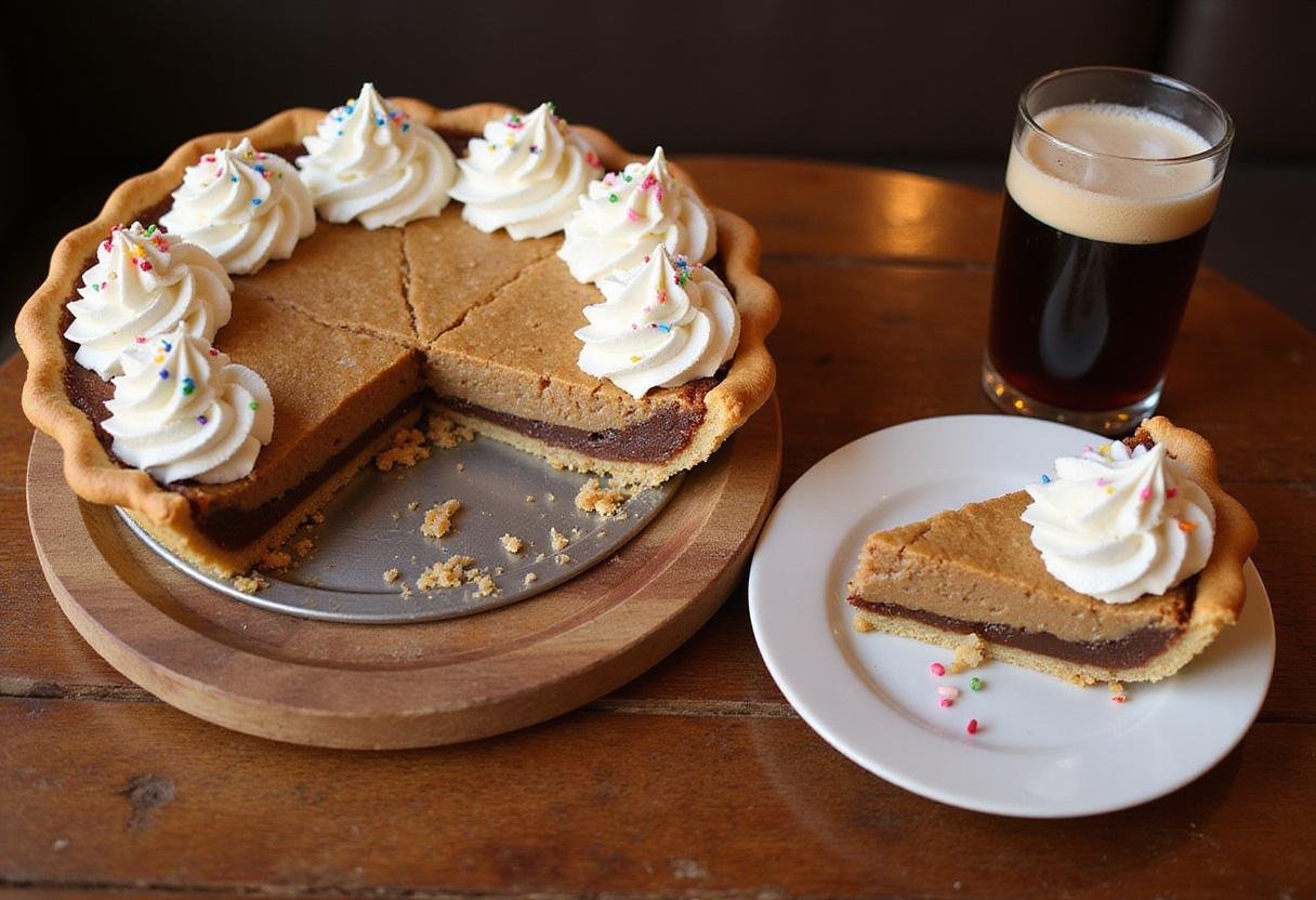 Serving the delicious Three Broomsticks Sweet Root Beer Pie, showcasing its creamy texture and delightful toppings.